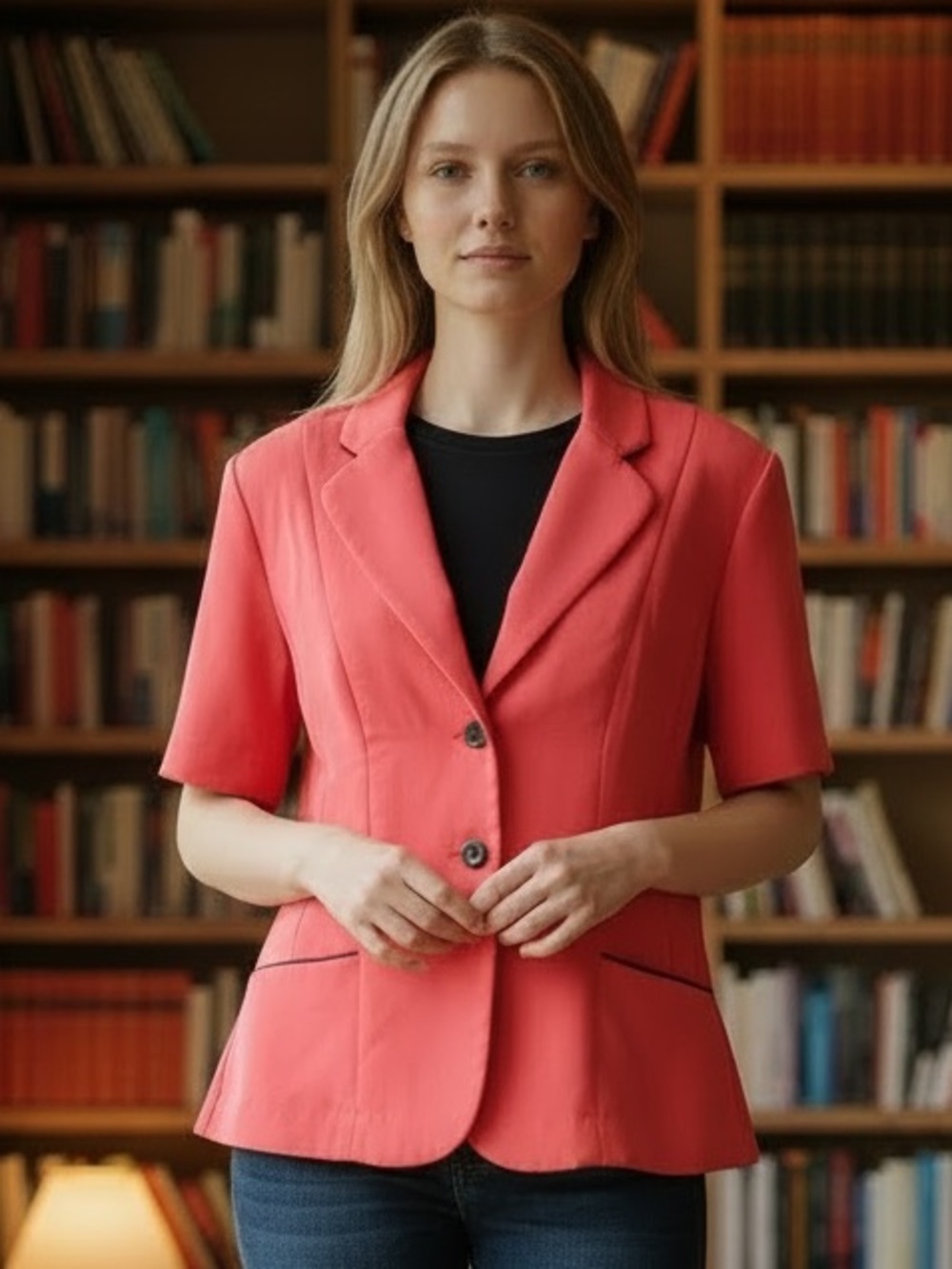 Vintage Studio I Blazer Size 18 Coral Pink Short-Sleeve Jacket with Black Piping